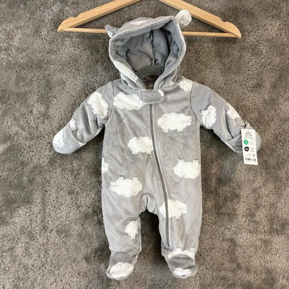 NWT Carters Plush Baby Bunting Snowsuit Warm Gray Cloud Print Boy Girl Newborn